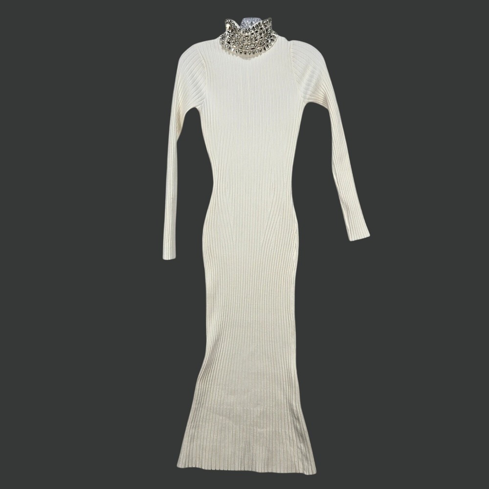 Bebe Maxi Dress Small Ribbed Knit Embellished Mock Neck Long Sleeve Glam #1654 - Picture 2 of 11
